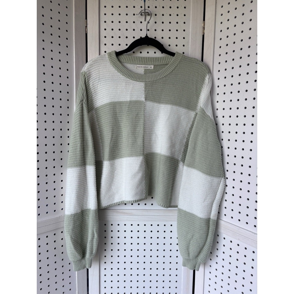 Moon And Madison Checkered Colorblock Cropped Sweater Women's M Cotton Acrylic - Picture 1 of 6